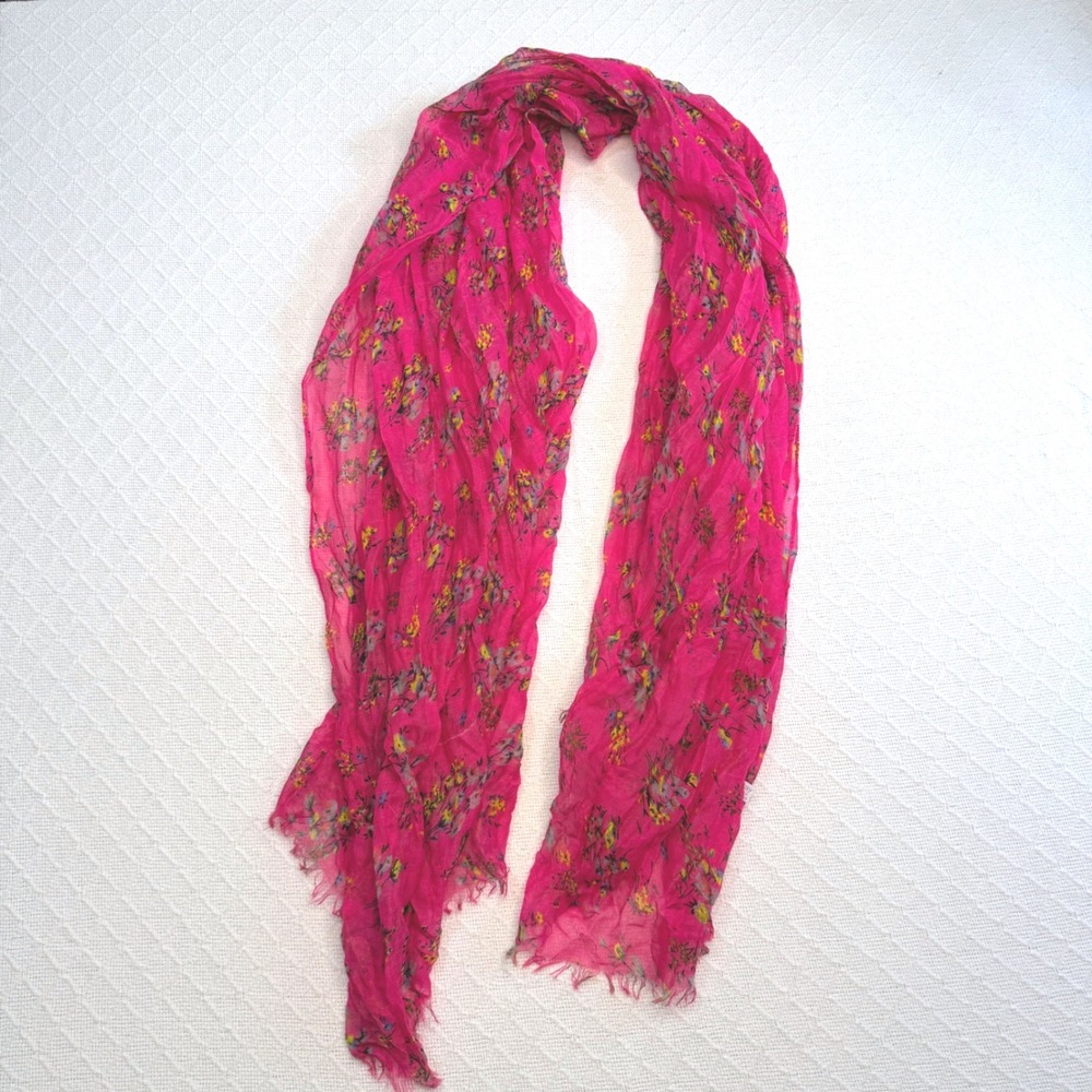 Hot Pink Floral Lightweight Oblong Scarf with Frayed Edges Bohemian Style